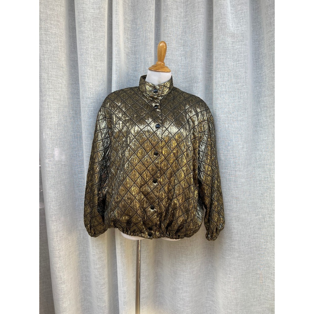 Martha 1980's metallic gold black matelasse diamond shape quilted bomber jacket